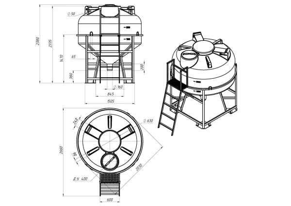Емкость ЦКТ 3000 л с патрубком 160мм с фланцем под плотность до 1,5 г/см³ белая в обрешетке с лестницей